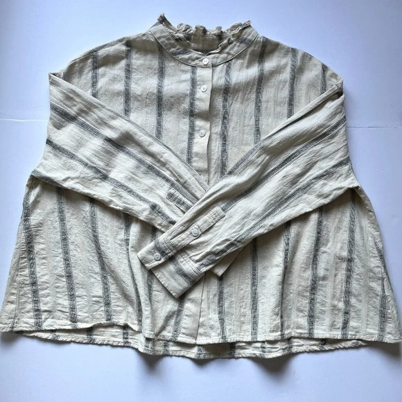 Mod Ref Striped Button Blouse Boxy  Relaxed Ruffle Collar Minimalist Cotton Sz M - Picture 12 of 14
